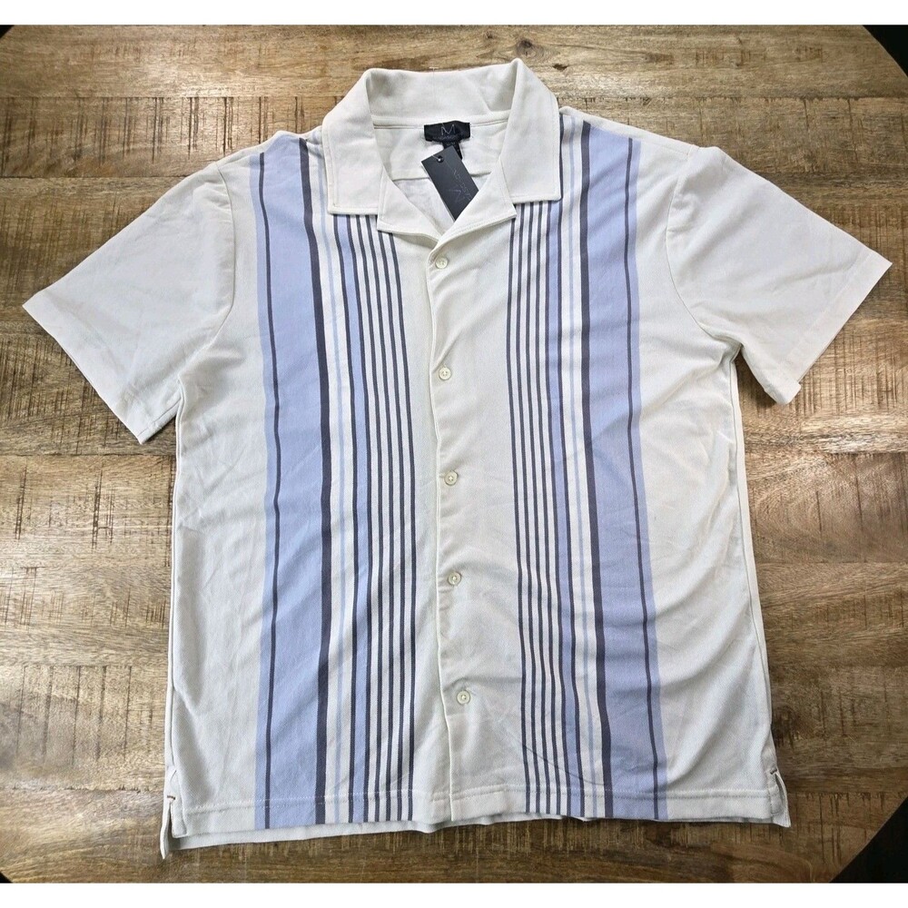 Magaschoni Men’s NWT Striped Button Up Shirt Off White Blue Cotton Size M